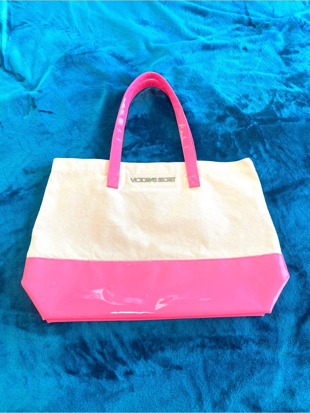 Victoria's Secret Cream Canvas Tote with Hot Pink Patent Trim